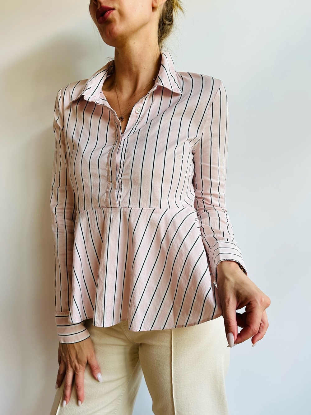Milly Pink Striped Peplum Cotton Silk Pinstripe Long Sleeve Button Down Shirt